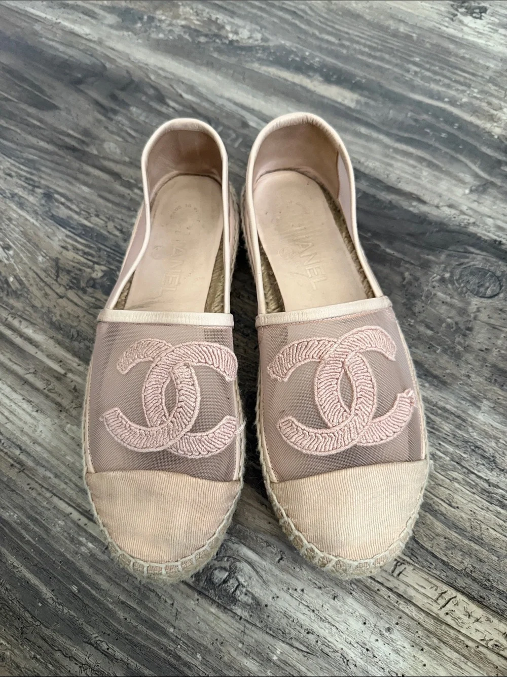 CHANEL Blush Pink Espadrille Flats with CC Logo